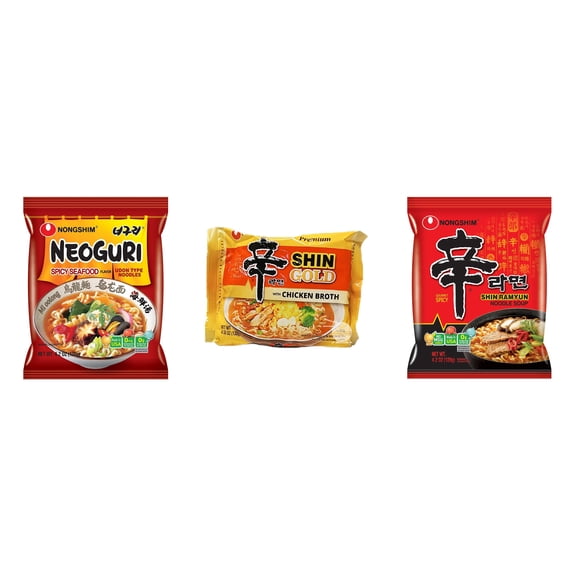 3 Pack Korean NongShim Gourmet Spicy Shin Instant Ramen Noodle, 3 Flavors(Neoguri,shin gold ,shin red) Plus NineChef Brand Long Handle Coffee Spoon