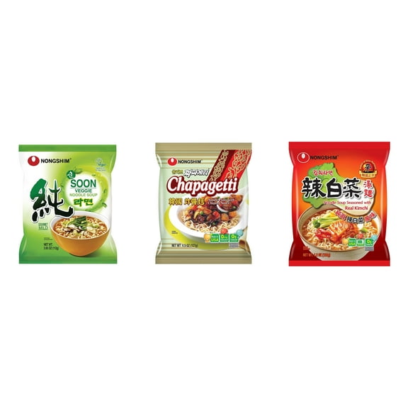 3 Pack Korean NongShim Gourmet Spicy Shin Instant Ramen Noodle, 3 Flavors(Soon Veggie,chapagetti,kimchi) Plus NineChef Brand Long Handle Coffee Spoon