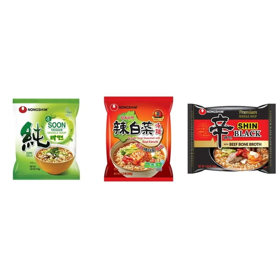 3 Pack Korean NongShim Gourmet Spicy Shin Instant Ramen Noodle, 3 Flavors(Soon Veggie,kimchi,shin black) Plus NineChef Brand Long Handle Coffee Spoon