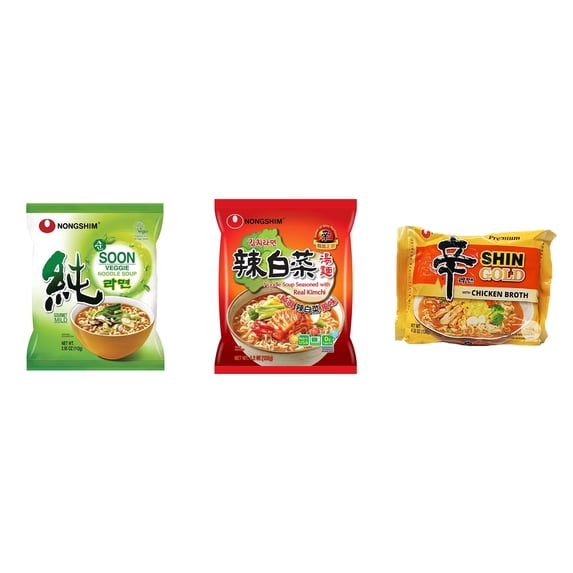 3 Pack Korean NongShim Gourmet Spicy Shin Instant Ramen Noodle, 3 Flavors(Soon Veggie,kimchi,shin gold) Plus NineChef Brand Long Handle Coffee Spoon