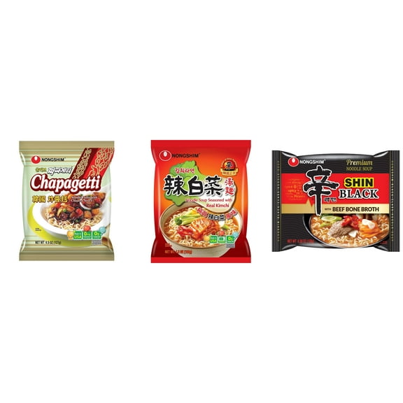 3 Pack Korean NongShim Gourmet Spicy Shin Instant Ramen Noodle, 3 Flavors(chapagetti,kimchi,shin black) Plus NineChef Brand Long Handle Coffee Spoon