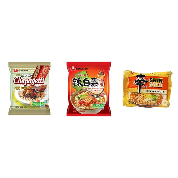 3 Pack Korean NongShim Gourmet Spicy Shin Instant Ramen Noodle, 3 Flavors(chapagetti,kimchi,shin gold) Plus NineChef Brand Long Handle Coffee Spoon