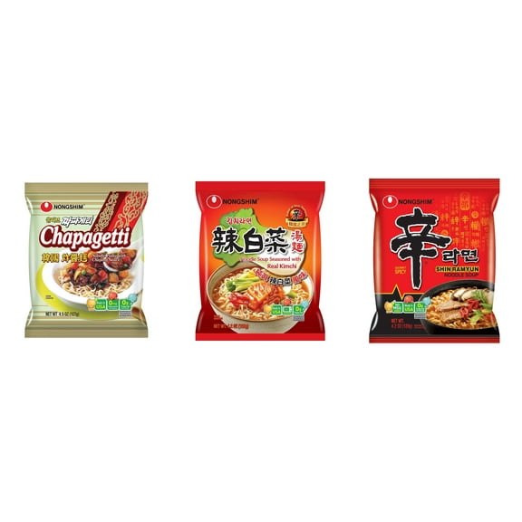 3 Pack Korean NongShim Gourmet Spicy Shin Instant Ramen Noodle, 3 Flavors(chapagetti,kimchi,shin red) Plus NineChef Brand Long Handle Coffee Spoon