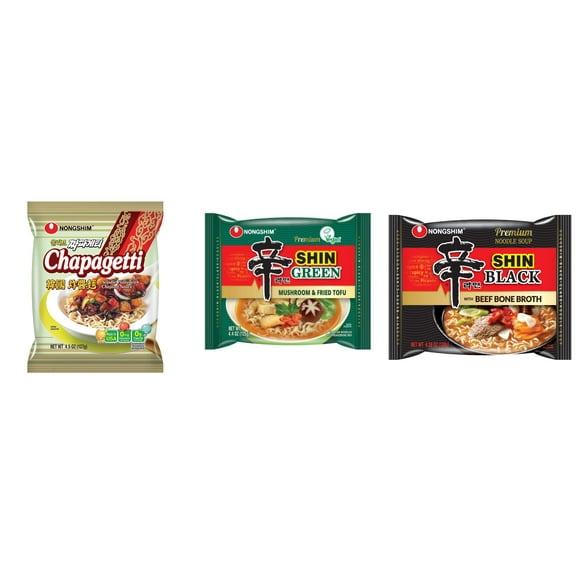 3 Pack Korean NongShim Gourmet Spicy Shin Instant Ramen Noodle, 3 Flavors(chapagetti,shin Green,shin black) Plus NineChef Brand Long Handle Coffee Spoon