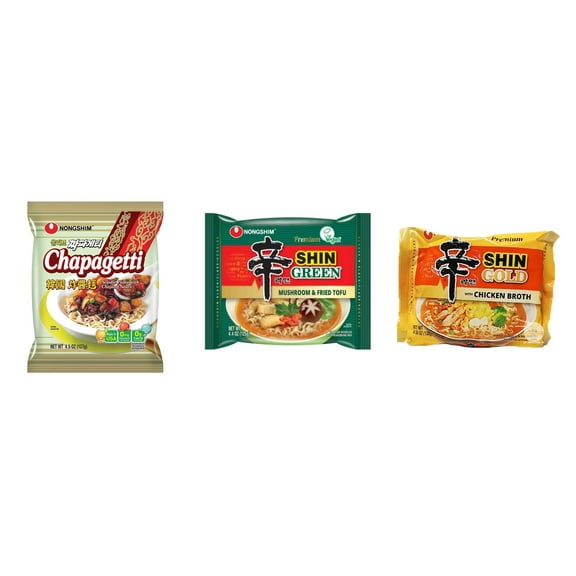 3 Pack Korean NongShim Gourmet Spicy Shin Instant Ramen Noodle, 3 Flavors(chapagetti,shin Green,shin gold) Plus NineChef Brand Long Handle Coffee Spoon