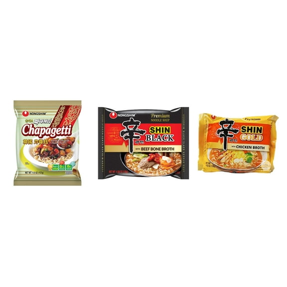 3 Pack Korean NongShim Gourmet Spicy Shin Instant Ramen Noodle, 3 Flavors(chapagetti,shin black,shin gold) Plus NineChef Brand Long Handle Coffee Spoon