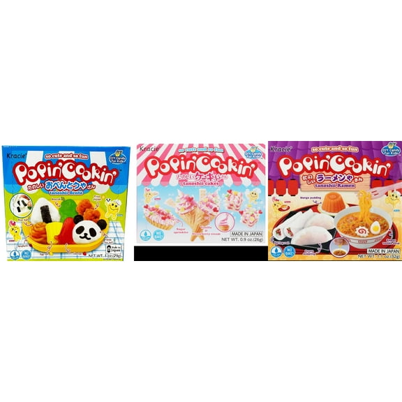 3 Pack Kracie Popin Cookin DIY Candy Kit, 3 Mixed Flavor (Bento,Cakes,Ramen) Plus NineChef Brand Long Handle Coffee Spoon