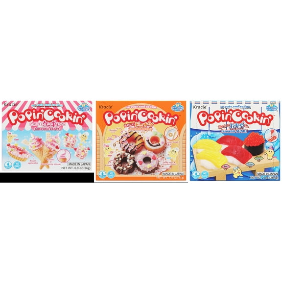 3 Pack Kracie Popin Cookin DIY Candy Kit, 3 Mixed Flavor (Cakes,Donuts,Sushi) Plus NineChef Brand Long Handle Coffee Spoon