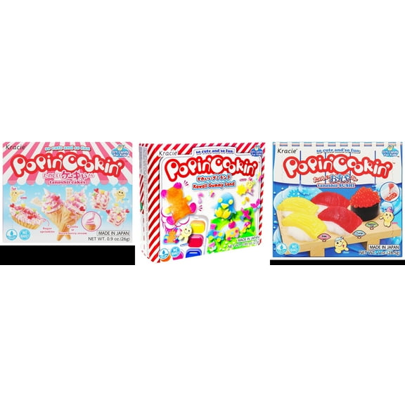 3 Pack Kracie Popin Cookin DIY Candy Kit, 3 Mixed Flavor (Cakes,Kawaii Gummy Land,Sushi) Plus NineChef Brand Long Handle Coffee Spoon