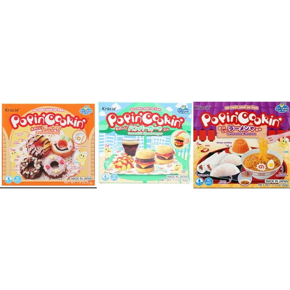 3 Pack Kracie Popin Cookin DIY Candy Kit, 3 Mixed Flavor (Donuts,Hamburger,Ramen) Plus NineChef Brand Long Handle Coffee Spoon