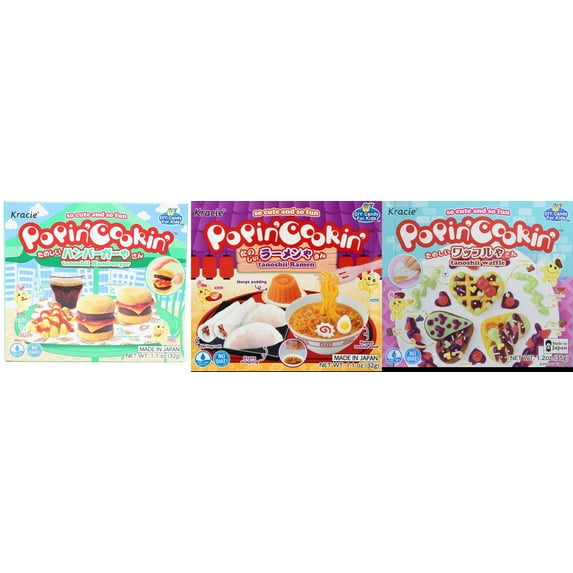3 Pack Kracie Popin Cookin DIY Candy Kit, 3 Mixed Flavor (Hamburger,Ramen,Waffle) Plus NineChef Brand Long Handle Coffee Spoon