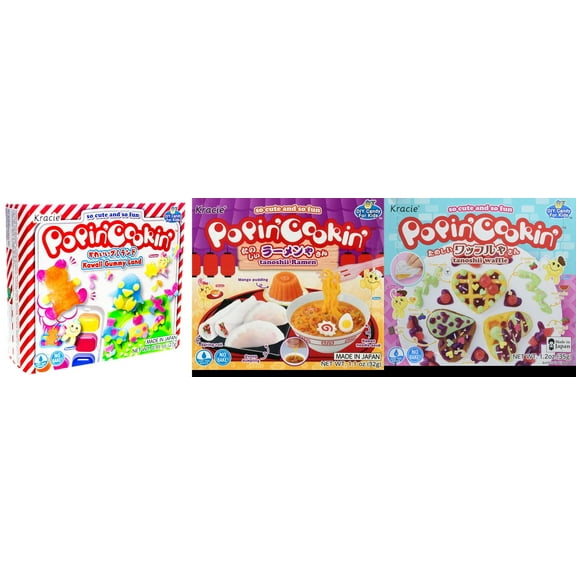 3 Pack Kracie Popin Cookin DIY Candy Kit, 3 Mixed Flavor (Kawaii Gummy Land,Ramen,Waffle) Plus NineChef Brand Long Handle Coffee Spoon