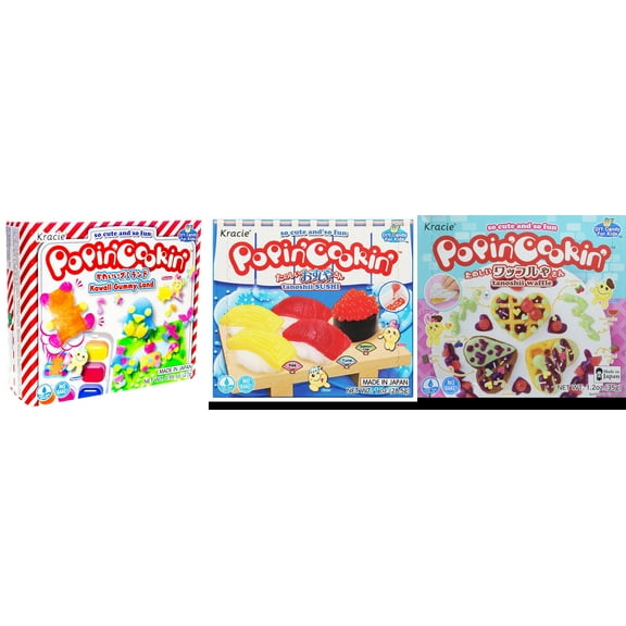 3 Pack Kracie Popin Cookin DIY Candy Kit, 3 Mixed Flavor (Kawaii Gummy Land,Sushi,Waffle) Plus NineChef Brand Long Handle Coffee Spoon