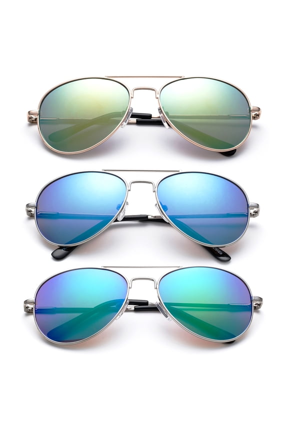 3 Pack Kyra Popular Aviator Flash/Mirrored Lens Lead Free Kids Sunglasses with Spring Hinges for Girls & for Boys