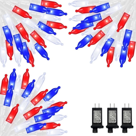 3 Pack LAMPHOME Patriotic LED String Lights, 100 Red White Blue Bulbs Plug-In Waterproof, 16 Modes Indoor Outdoor Decor for Independence Day & Summer Parties