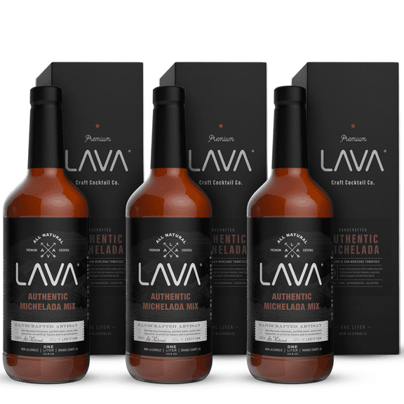 (3-Pack) LAVA All Natural Michelada Mix Craft Cocktail Mixer, Real Tomatoes, Ancho Chile Peppers, Tamarind, Keto Low Carb, Vegan, No Preservatives, Just Add Beer, (3) 1-Liter (33.8oz) Glass Bottles