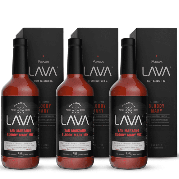 (3-Pack) LAVA Premium All Natural San Marzano Bloody Mary Mix Craft Cocktail Mixer, Low Calorie, No Added Sugar, Keto Low Carb, Vegan, Gluten Free, Lower Sodium, (3) 1-Liter (33.8oz) Glass Bottes