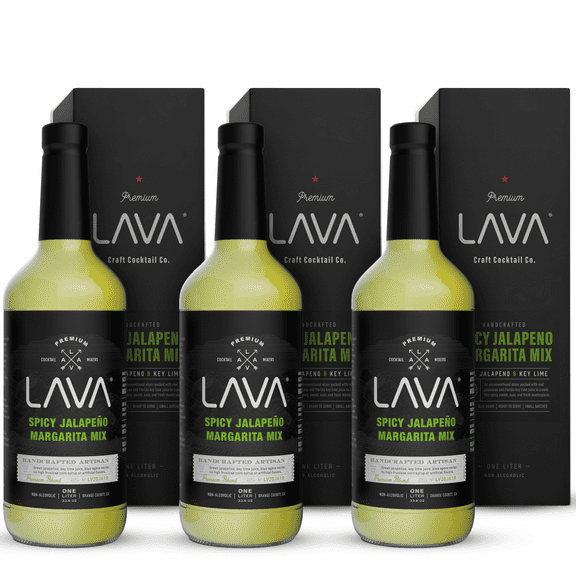 (3-Pack) LAVA Premium Spicy Jalapeo Margarita Mix by LAVA Craft Cocktail Co., Made with Real Jalapeos, Agave Nectar, Key Limes, Lots of Flavor, (3) 1-Liter (33.8oz) Glass Bottles