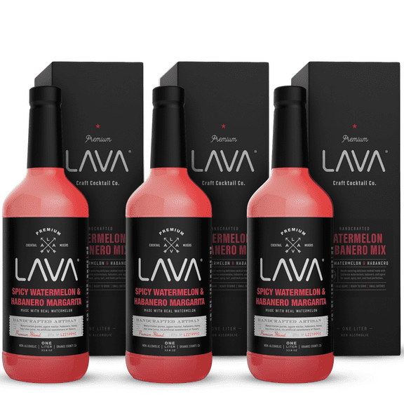 (3-Pack) LAVA Premium Spicy Watermelon Habanero Margarita Mix, Cold Pressed Organic Watermelon, Habanero, Agave Nectar, Key Lime Juice, No Artificial Sweeteners, (3) 1-Liter (33.8oz) Glass Bottles