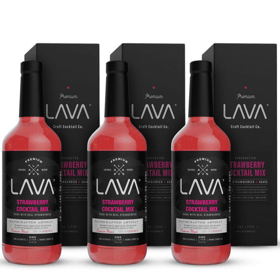 (3-Pack) LAVA Premium Strawberry Margarita Mix Strawberry Daiquiri Mix, Made with Real Strawberries, Agave, Key Lime, No Artificial Sweeteners, Lots of Flavor, (3) 1-Liter (33.8oz) Glass Bottles