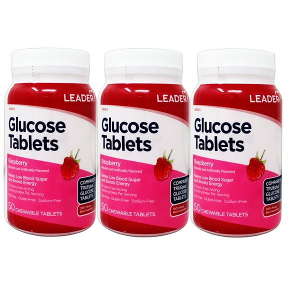 3 Pack - LEADER Glucose Tablets, Energy and Blood Sugar Support, Raspberry Flavor, 50 Chewable Tablets