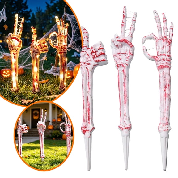3 Pack LED Luminous Skeleton Hands Yard Stakes With Realistic Bloody Design For Halloween Cemetery Garden Display