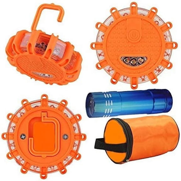3 Pack LED Road Flares Flashing Warning Light Roadside Flare Emergency Disc Beacon, FREE Tac Flashlight, Magnetic Base for Car or Marine Boat Plus Tactical Flashlight Portable High Intensity Light