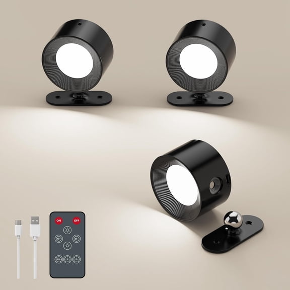 3 Pack LED Wall Sconces, Battery Operated Lights for Reading, Cordless Bedside Lamp with Remote & Touch Control, 360 Magnetic Rotation Rechargeable, Color Modes Dimmable (Black)