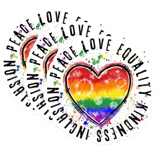 (3 Pack) LGBTQ Pride Decals - Peace Love Equality - Rainbow Heart Decal - 3 Inches On Longest Side - Easy Peel & Apply - Made in USA - 3MCS4558