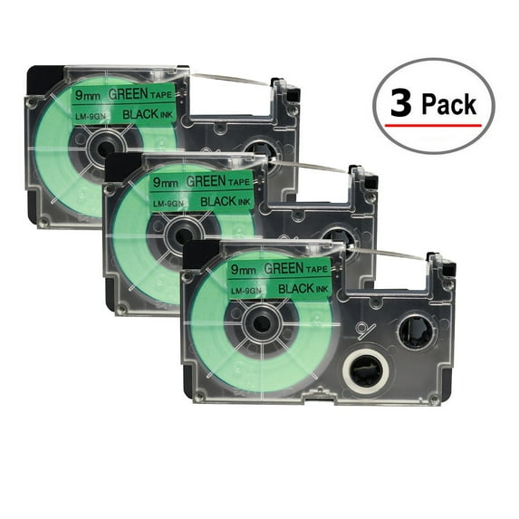 3/Pack LM Tapes Premium Compatible with Casio XR9GN 3/8 In Black on Green Tape Cassette
