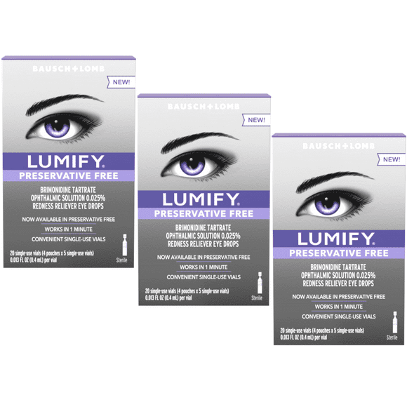 3 Pack - LUMIFY Redness Reliever Preservative Free Fast Acting Eye Drops, 20 Single Use Vials