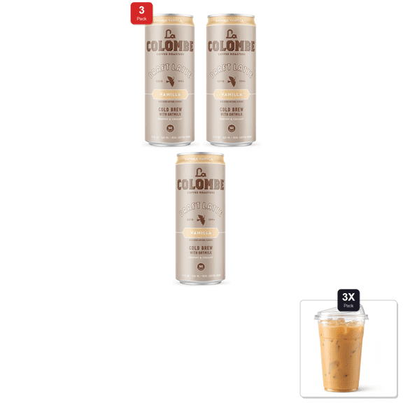 3 Pack | La Colombe Vanilla Draft Latte With Oatmilk, 11 Fl. Oz., Single Can & 3x 16oz Plastic Cup with Strawless Sip-Lid