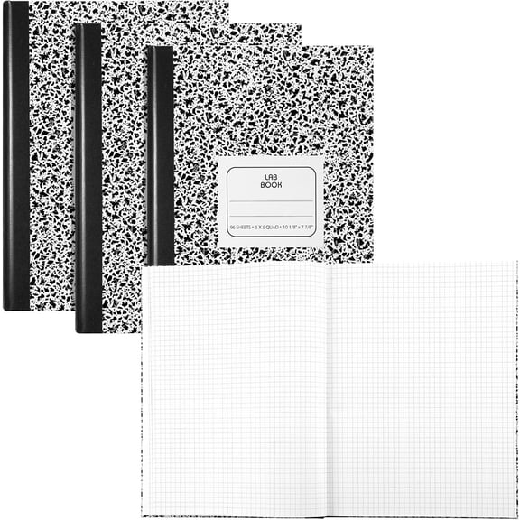 3 Pack Laboratory Notebook, 5 x 5 Quad Ruling Lab Notebook Graphing Notebooks Graph Paper Black Marble Composition Cover, 10.13 x 7.88 Inch, 96 Sheets