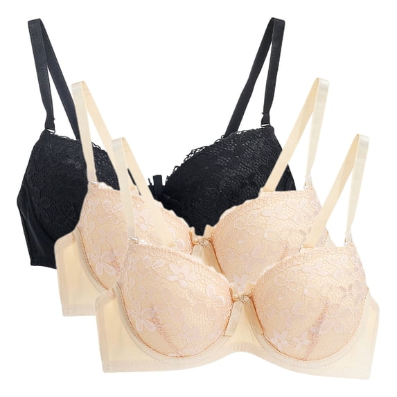 Yijfswar 3 Pack Lace Bras for Women Push Up Bra Padded Underwire Bra, Comfortable Everyday Wear