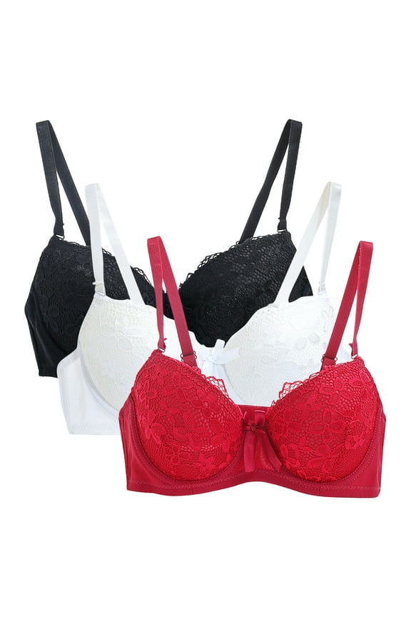 3 Pack Lace Bras for Women Push Up Bra Padded Underwire Bra, Comfortable Everyday Wear