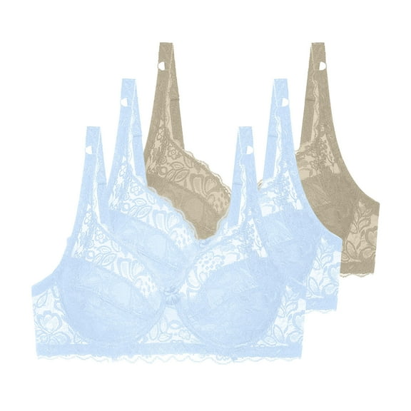 3 Pack Lace Bras for Women Underwire Unpadded Bralettes Full Coverage Everyday Lingerie Breathable Plus Size Bra (34/75B, Khaki/2*Blue)