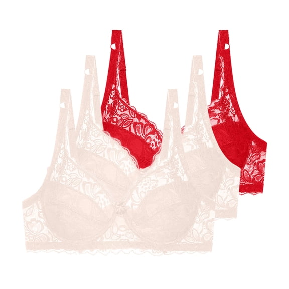 3 Pack Lace Bras for Women Underwire Unpadded Bralettes Full Coverage Everyday Lingerie Breathable Plus Size Bra (34/75C, Red/2*Beige)