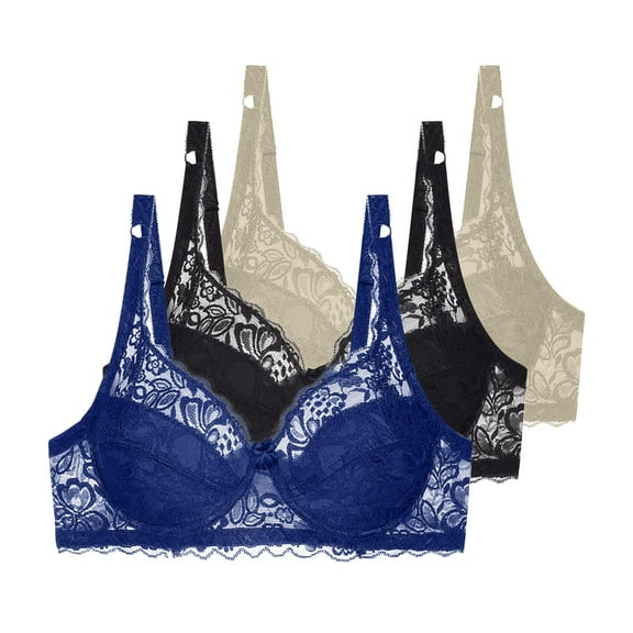 3 Pack Lace Bras for Women Underwire Unpadded Bralettes Full Coverage Everyday Lingerie Breathable Plus Size Bra (36/80B, Dark Blue/Black/Khaki)