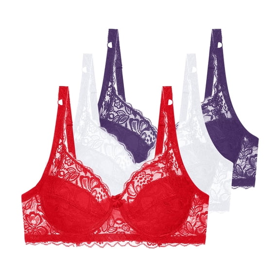 3 Pack Lace Bras for Women Underwire Unpadded Bralettes Full Coverage Everyday Lingerie Breathable Plus Size Bra (40/90B, Purple/White/Red)