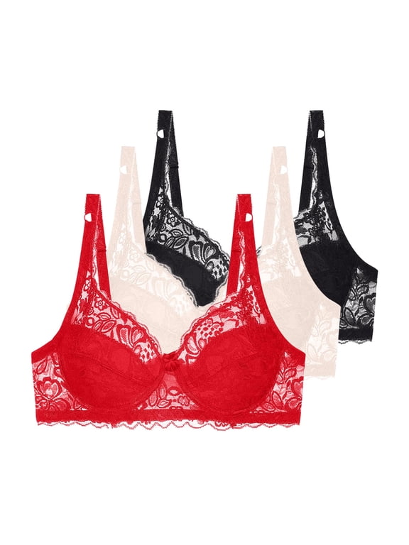 3-Pack Lace Eyelet Bras for Women Push up Full Coverage Bralette Seamless Thin Cup Lingerie Minimizer Bra