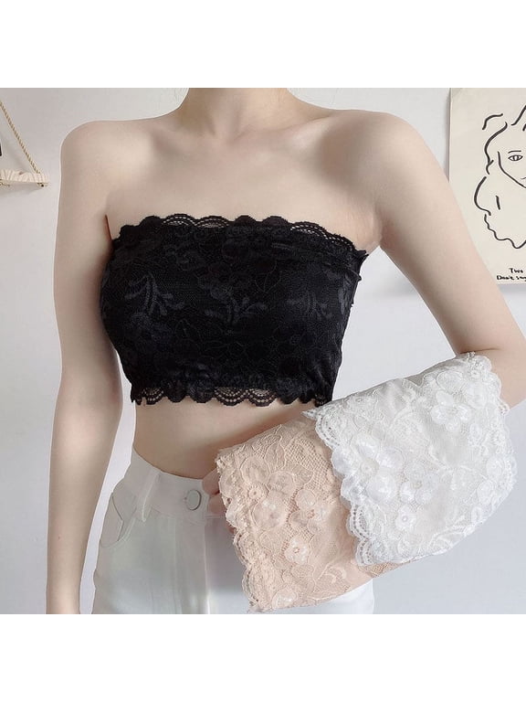 3-Pack - Lace One-Size Bandeau Women's and Teens One Size Strapless Seamless Stretch Bandeau Bra Top