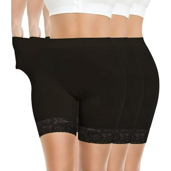 3 Pack Lace Slip Shorts for Under Dresses Women Smooth Anti-chafing Boyshorts Seamless Underwear Safety Shorts (Black, S)