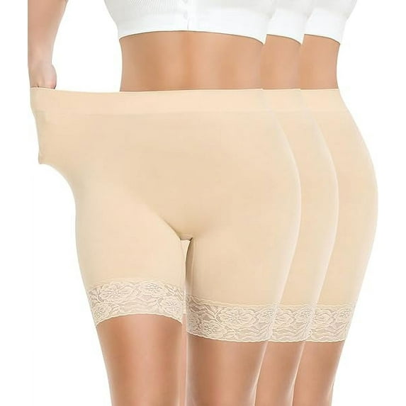 3 Pack Lace Slip Shorts for Under Dresses Women Smooth Anti-chafing Boyshorts Seamless Underwear Safety Shorts (Nude, M)