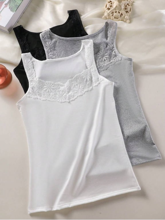 3-Pack Lace Trim Camisole Tops For Women, Multicolor Solid Sleeveless Undershirts