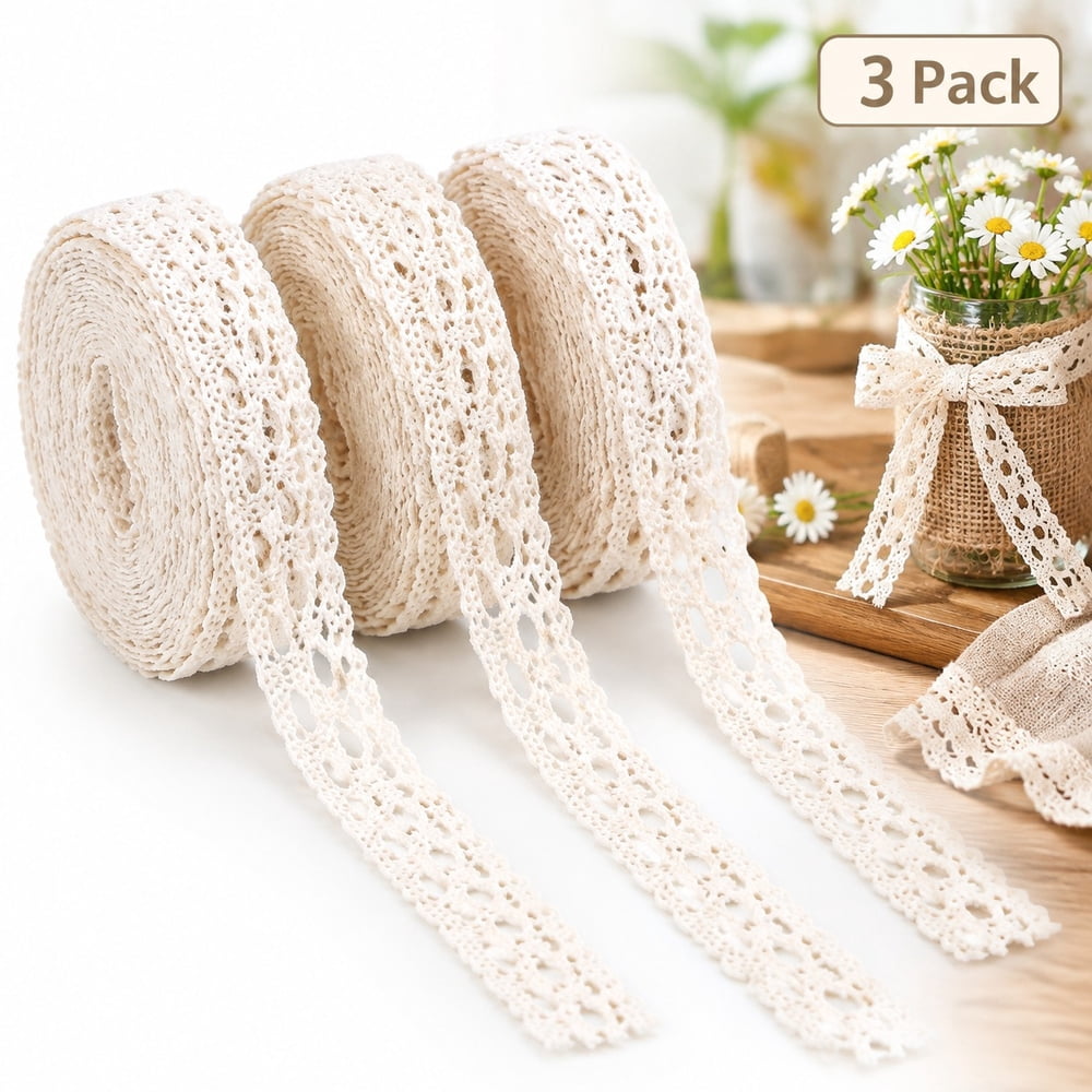 Lace Strp Ribbon 3-Pack Lace Trim Ribbon, Cotton Eyelet Craft Ribbon for Sewing ...