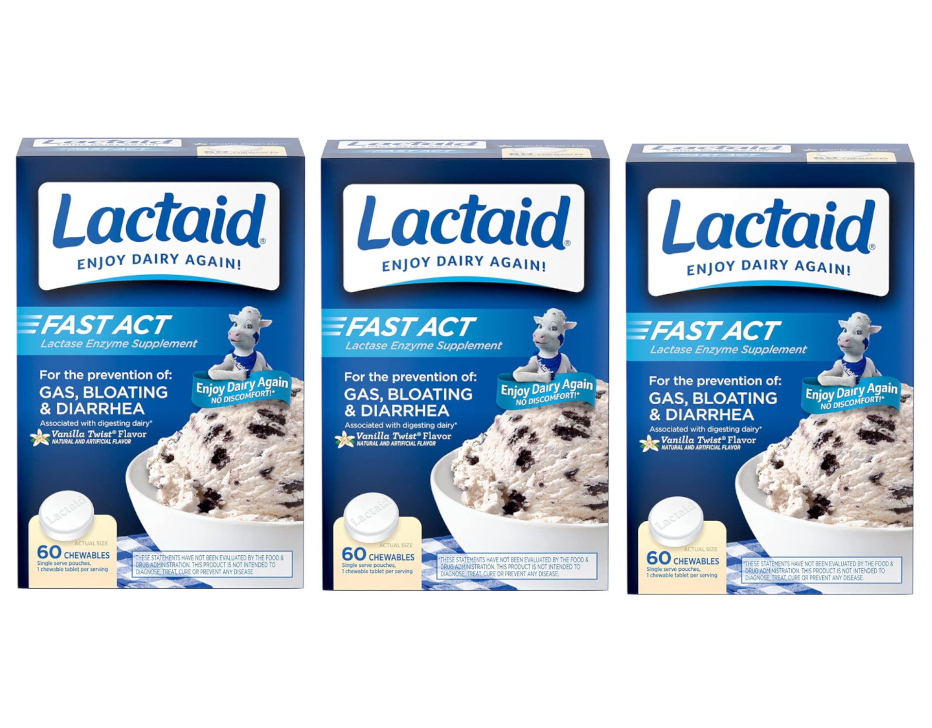 3 Pack Lactaid Fast Act Lactase Enzyme Supplement Vanilla 60 Caplets