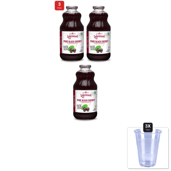 3 Pack | Lakewood, Juice Black Cherry Pure, 32 Fl Oz & 3x Disposable Cup