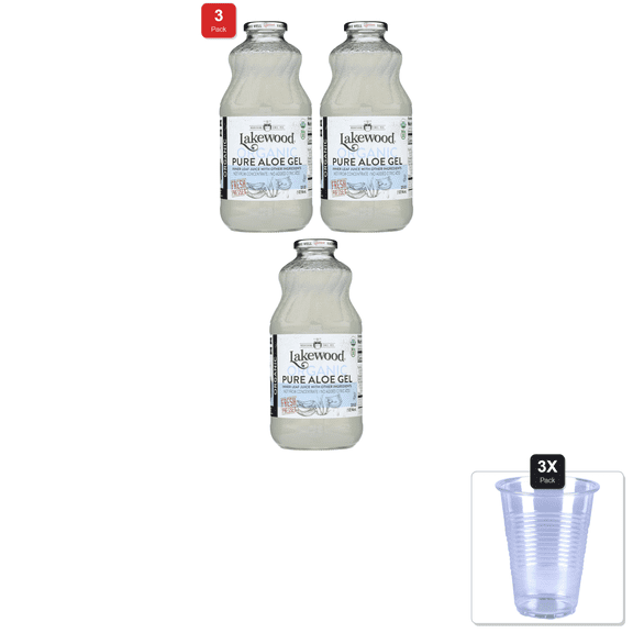 3 Pack | Lakewood, Organic Aloe Vera Gel Juice, 32 Oz & 3x Disposable Cup