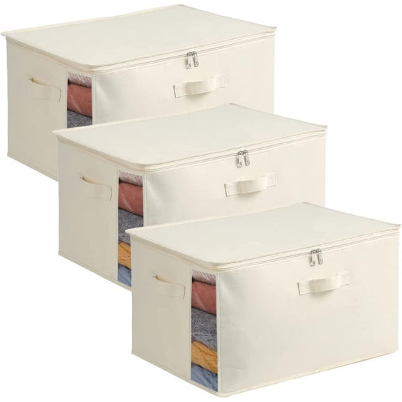 3-Pack Large Canvas Comforter Storage Bags for Clothes Sweater Clothes Organizer with Dual Zipper Three Carrying Handles for Blanket Closet Storage Container