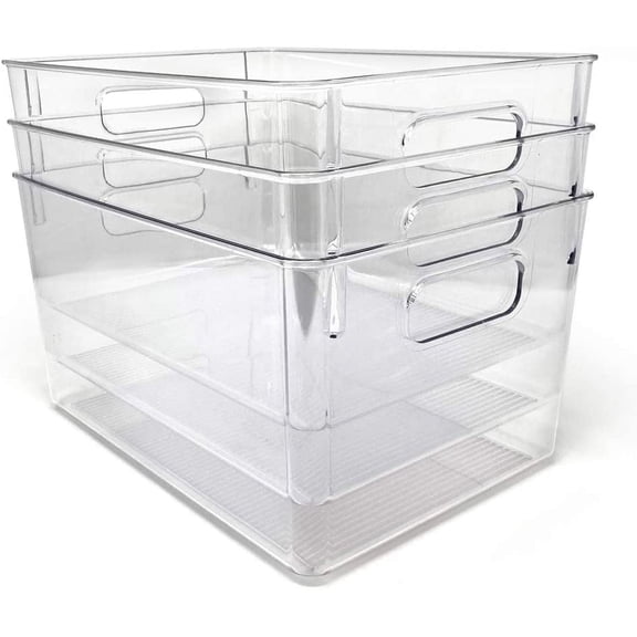 3-Pack Large Clear Storage Bins with Handles, Plastic Organizer for Home, Room, Office, Fridge, Kitchen/Pantry Non-Slip Container Set, Food Safe, BPA Free (3-Pack, Large)